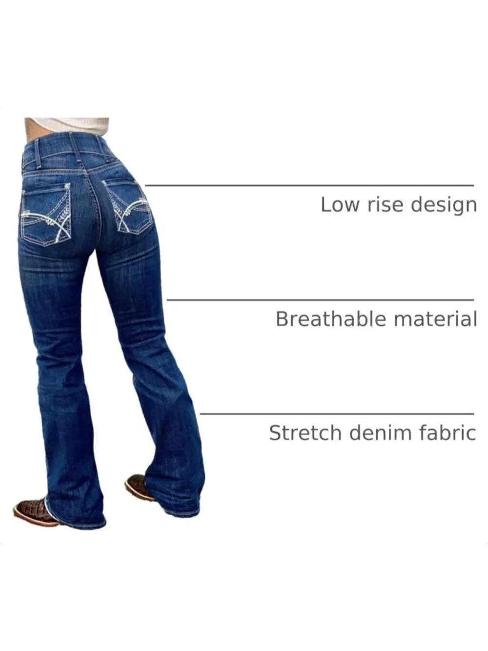 Women's Indigo Blue Pull On Mid Rise Flare Leg Zipper Lifting Bootcut Jeans